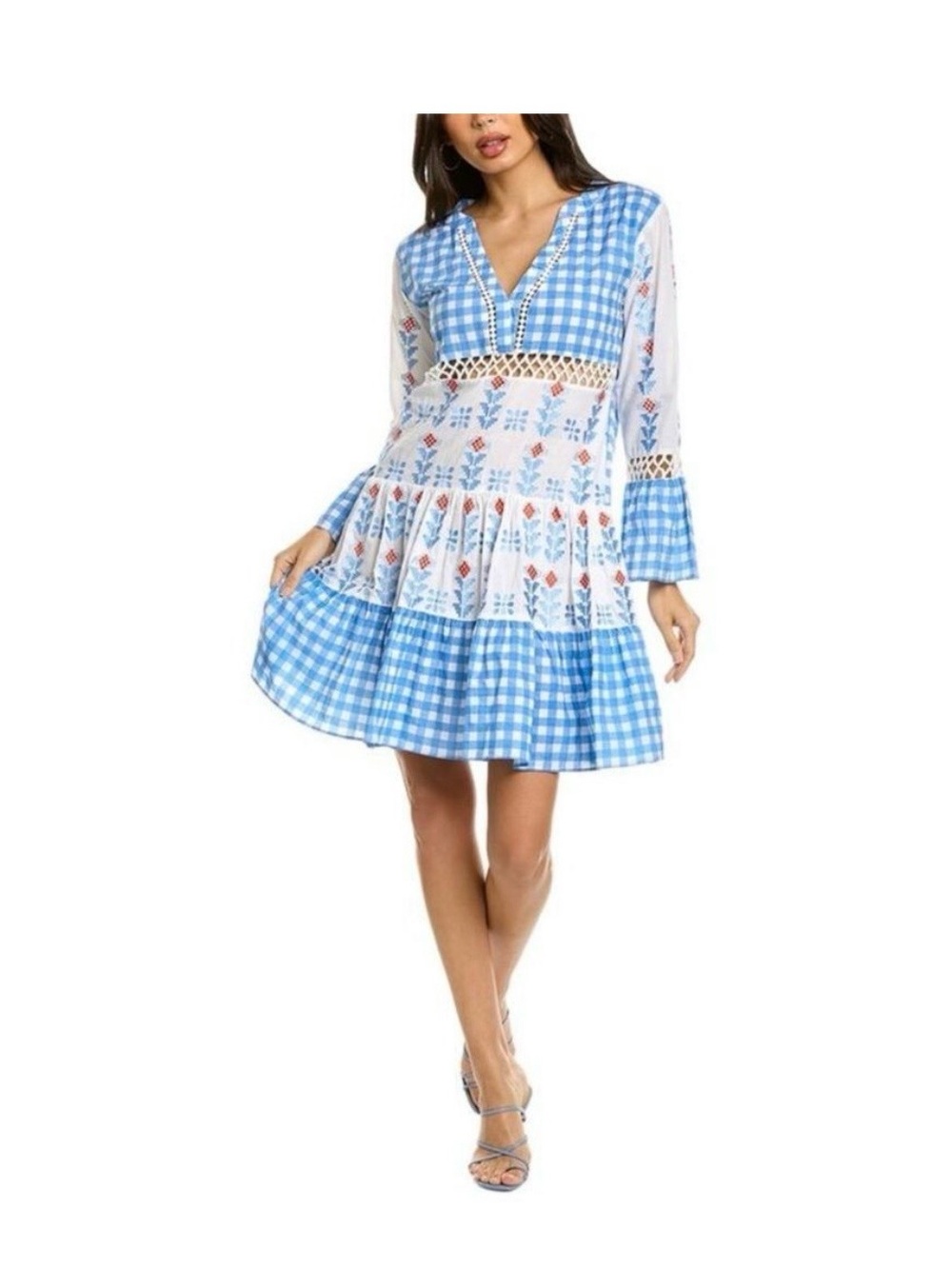 Bindu Manuela Blue Gingham & Embroidered V-Neck Women's Dress. NWT